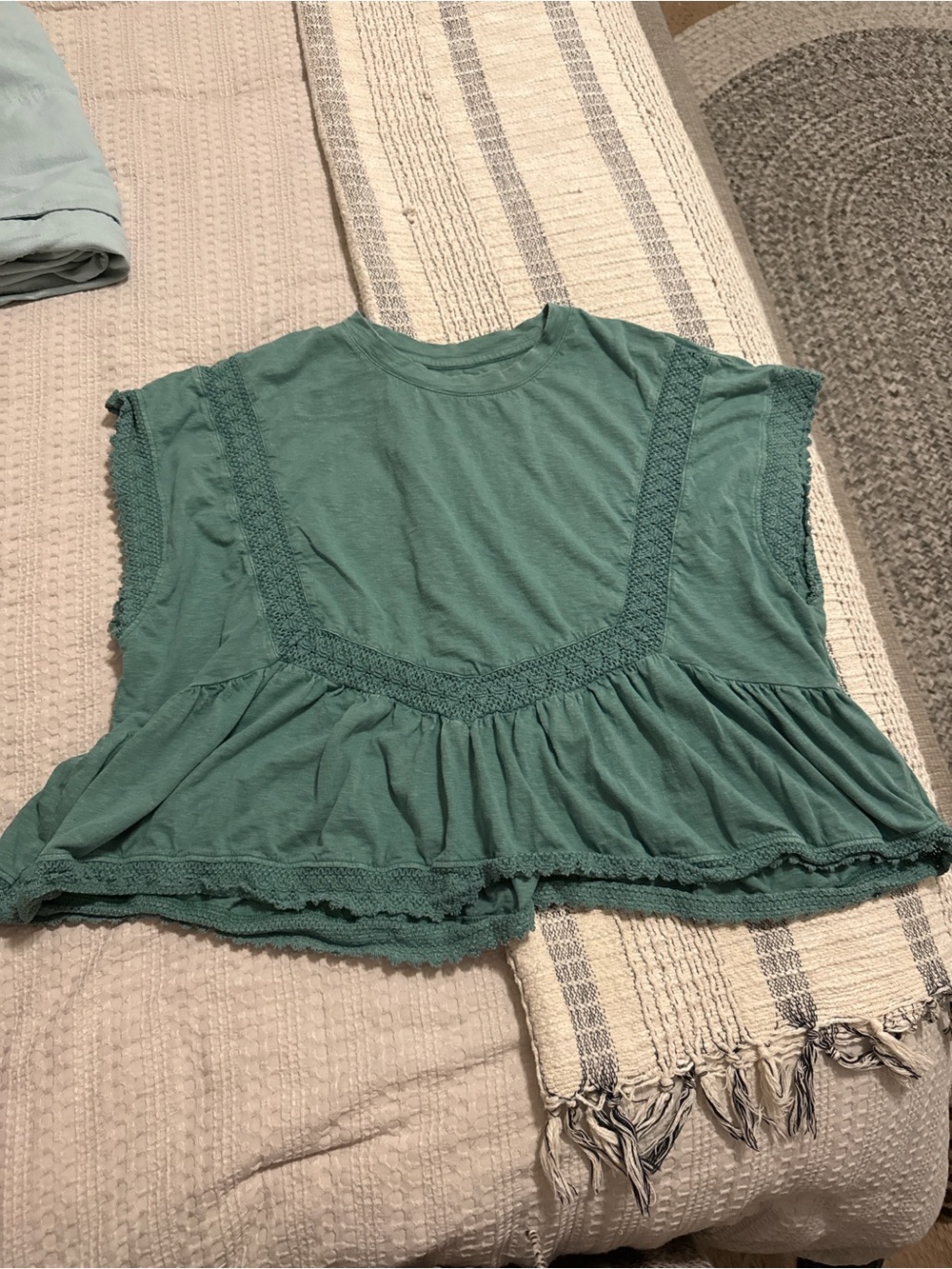 American Eagle Outfitters Teal Crochet-Trim Crop Peplum Top